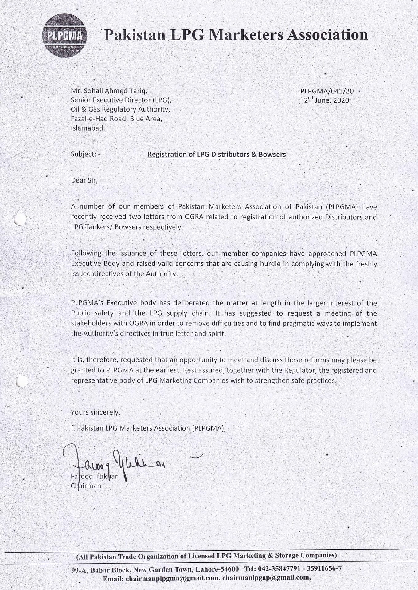 Letter to OGRA from PLPGMA regarding Registration of LPG Distributors and Bowsers